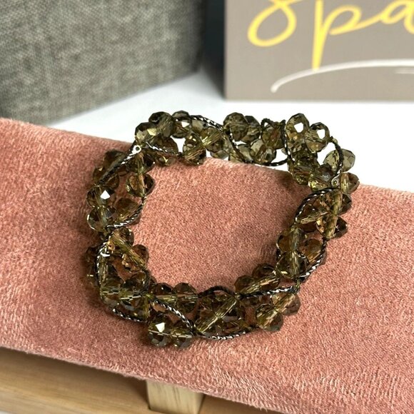 Handcrafted Stretch Bracelet With Crystal Taupe Beads & Hematite Finish Metal - Picture 1 of 7